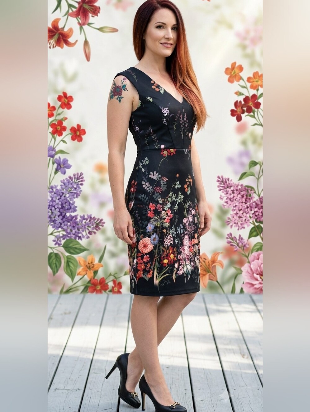NWT💐Suzy Shier💐PRETTY Black V-Neck FLORAL Sheath Dress Sz S